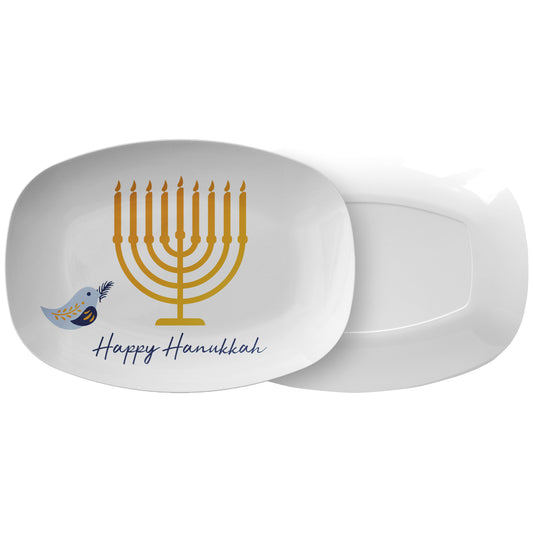 Happy Hanukkah Jewish Holiday Serving Platter with Gold Menorah & Dove