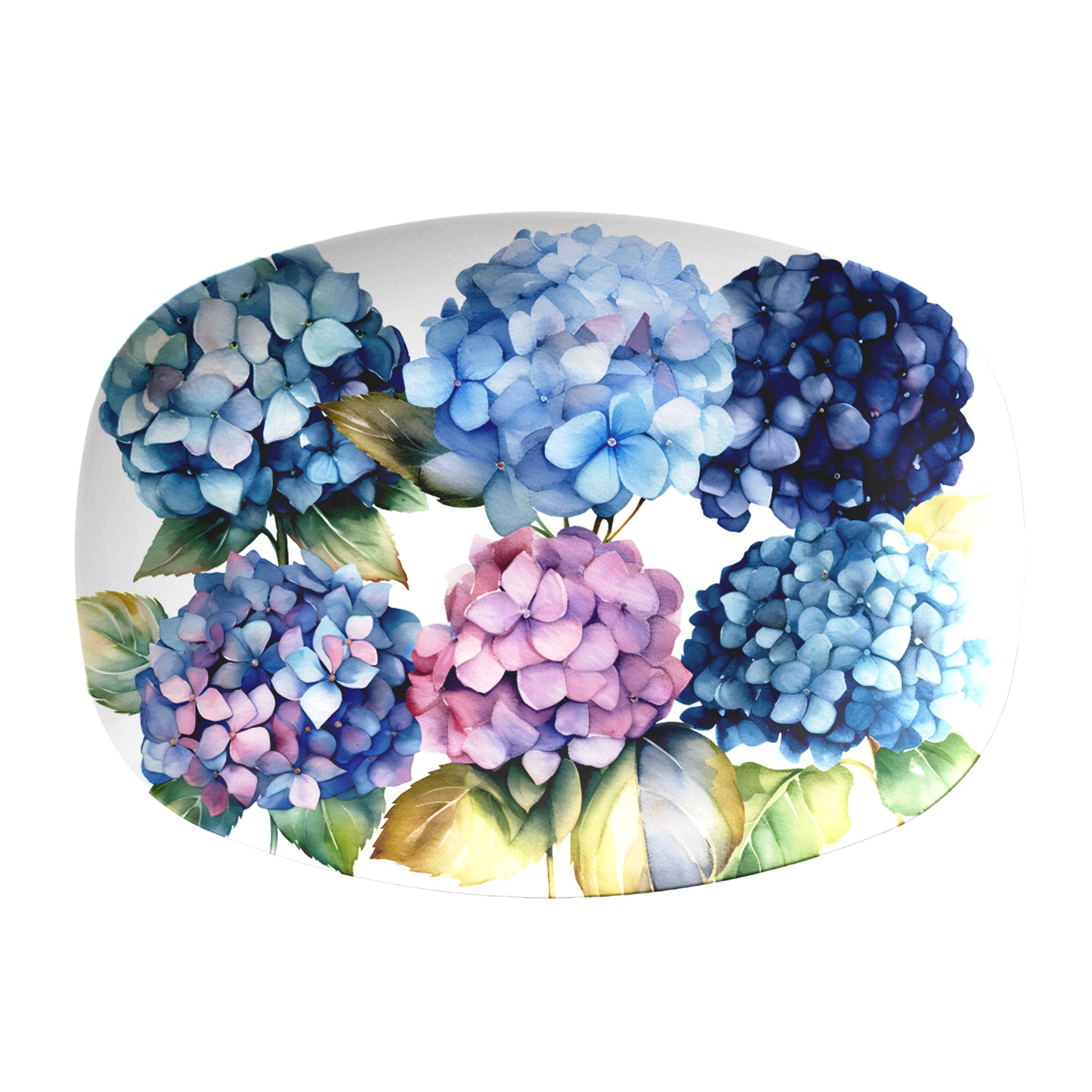 Decorative floral serving platter with blue and pink hydrangea flowers on a white background