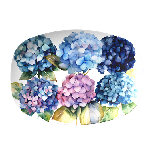 Decorative floral serving platter with blue and pink hydrangea flowers on a white background