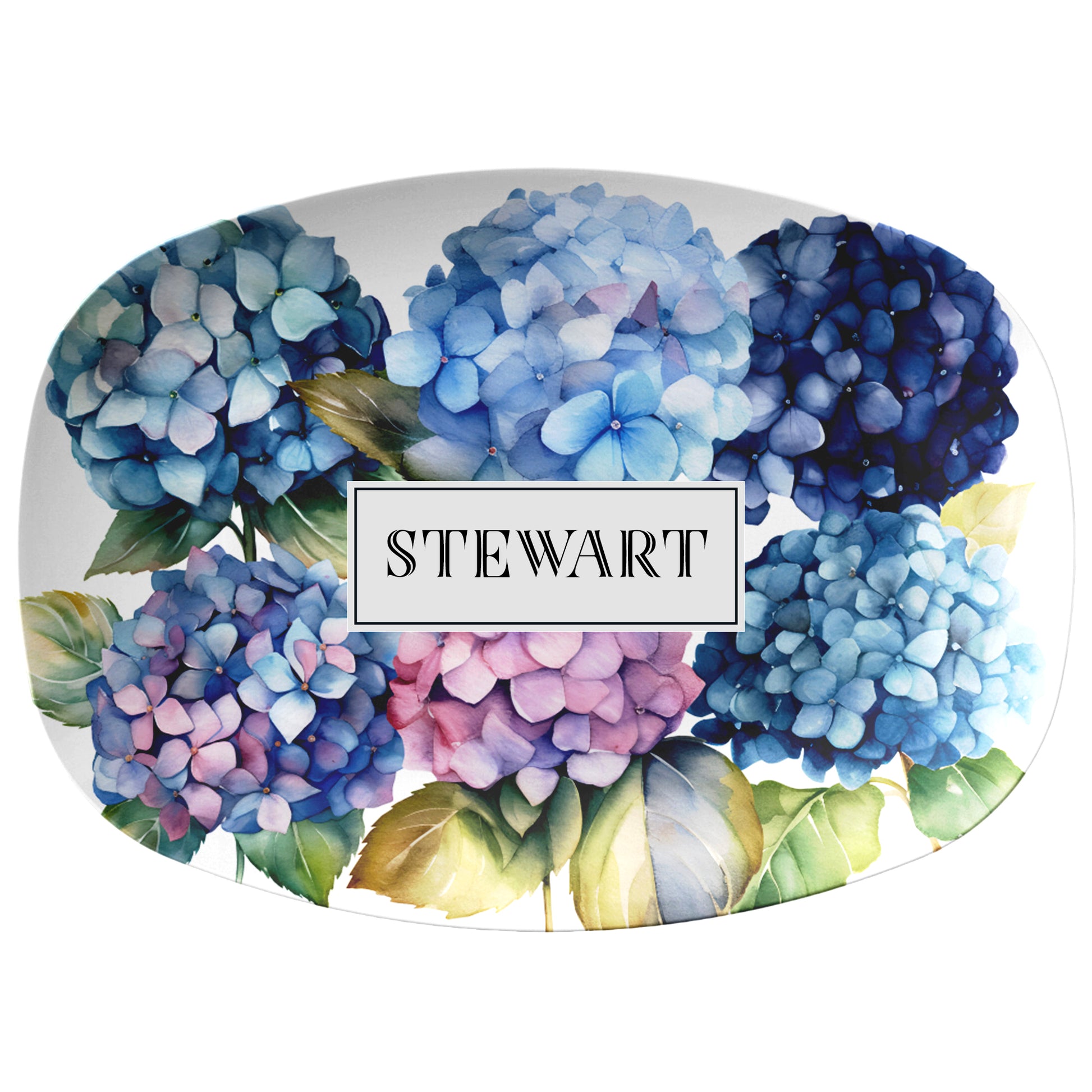 Decorative platter featuring blue and pink and purple hydrangeas personalized with any name or word.