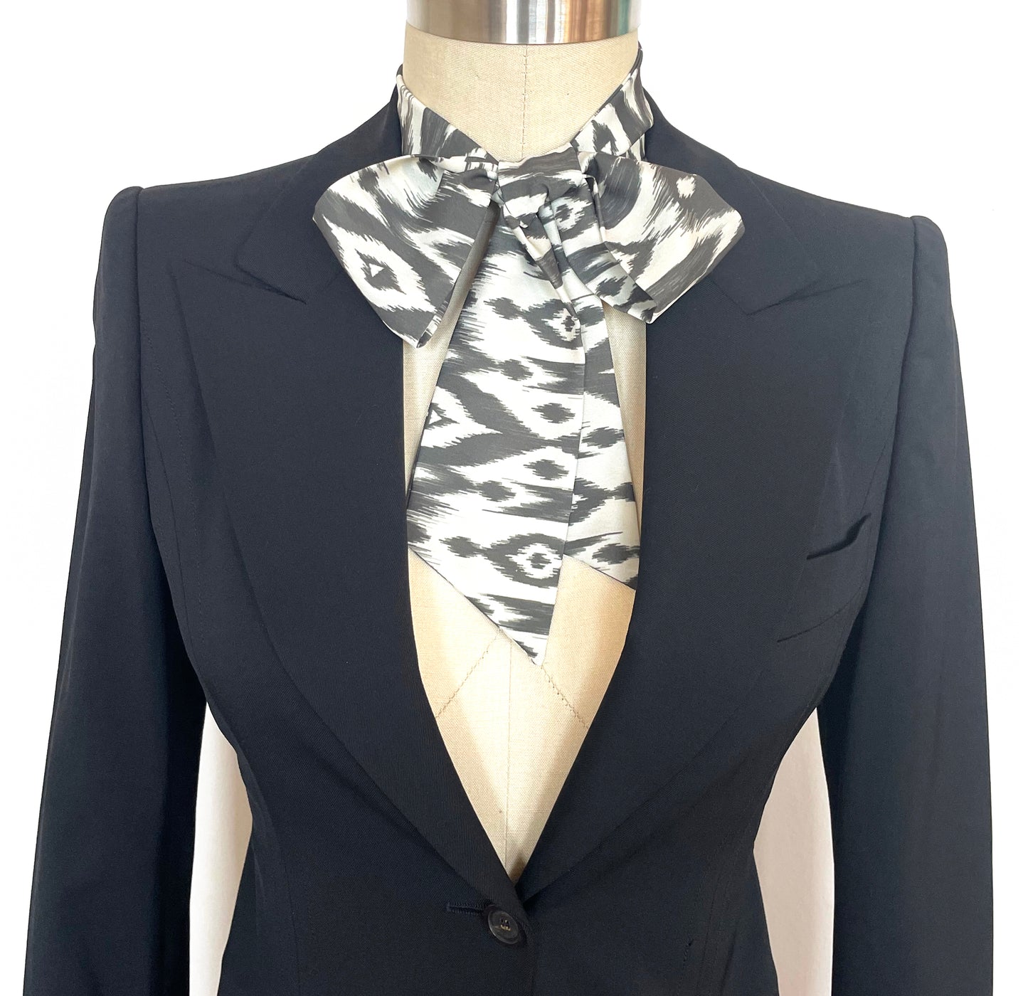 Ikat Print Skinny Scarf Neck Bow Grey Black & Ivory