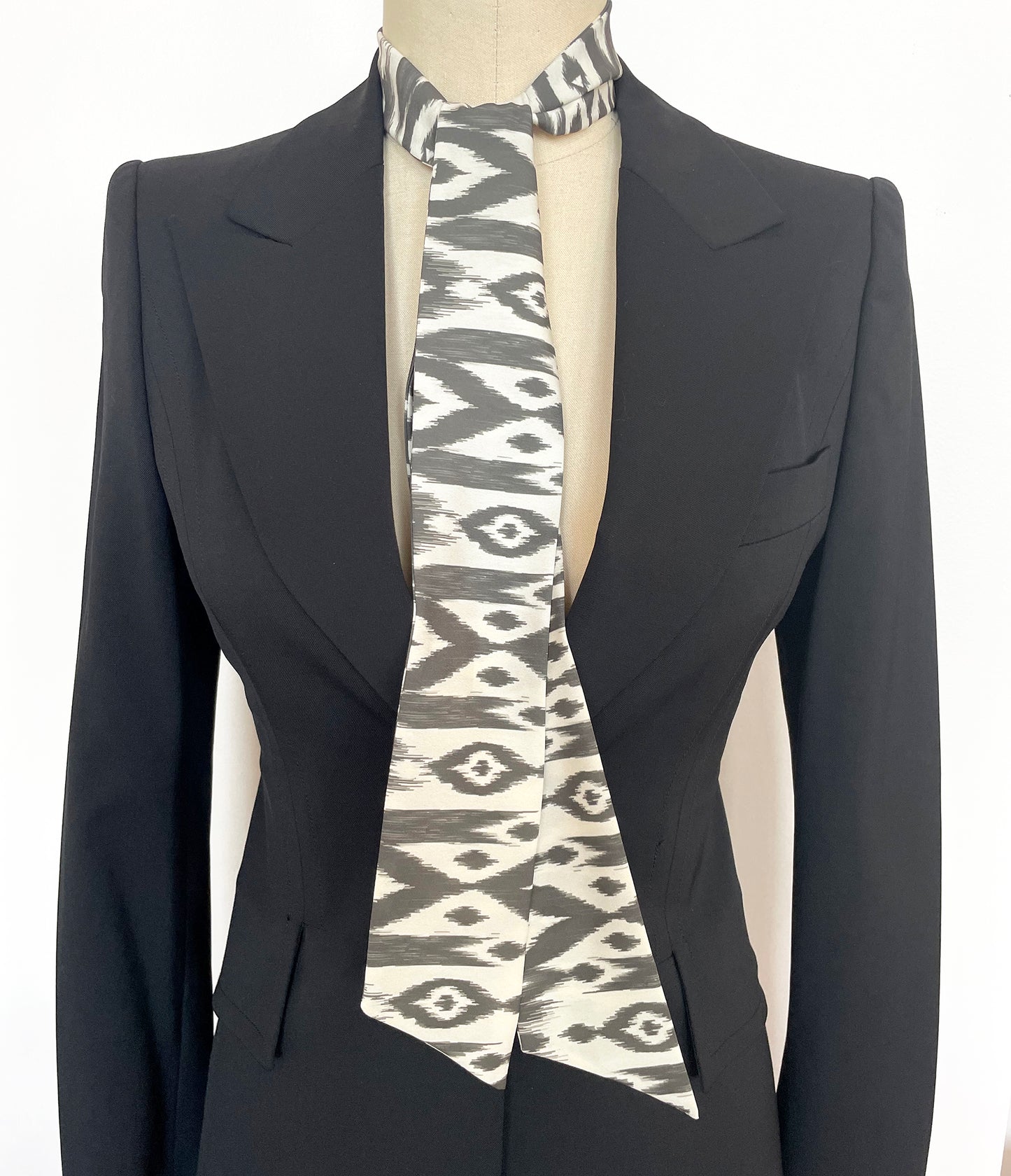 Ikat Skinny Scarf, Neck Tie Bow, Grey-Black & Ivory