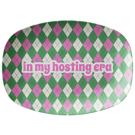 In My Hosting Era Argyle Serving Platter, Green/Pink, Luxury Plastic