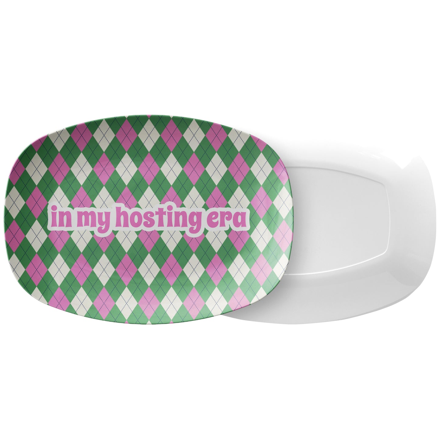 In My Hosting Era Argyle Serving Platter, Green/Pink, Luxury Plastic