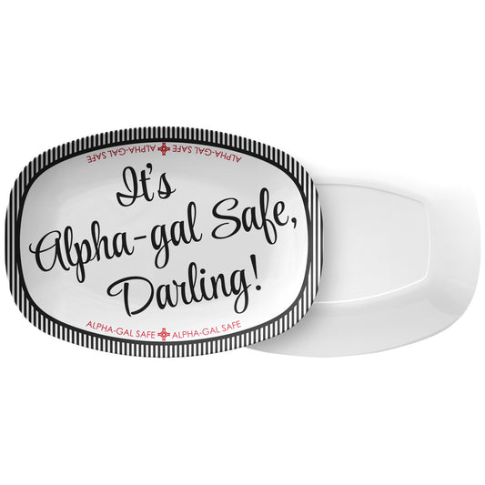 It's Alpha-gal Safe Darling! Labeled Serving Platter – Black/White, Luxe Plastic 10" x 14"