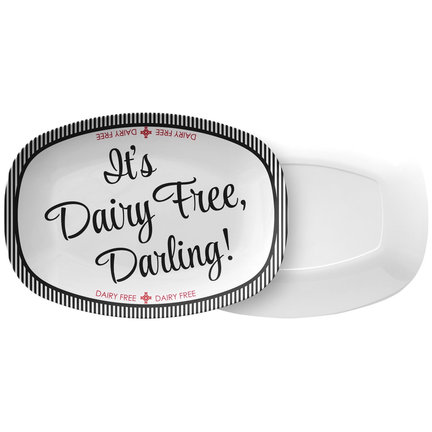 It's Dairy Free, Darling! Labeled Serving Platter – Black/White, Luxe Plastic 10" x 14"