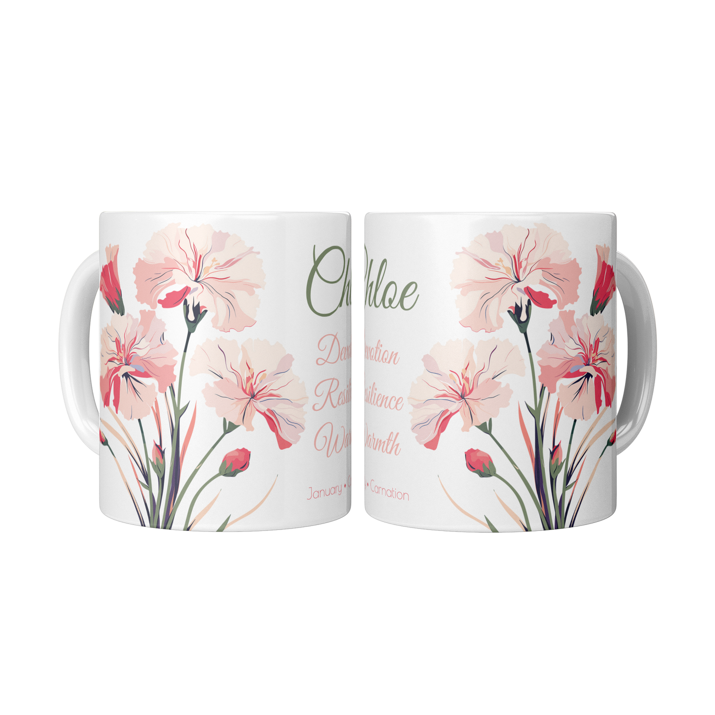 Two white mugs with floral designs and text on a white background