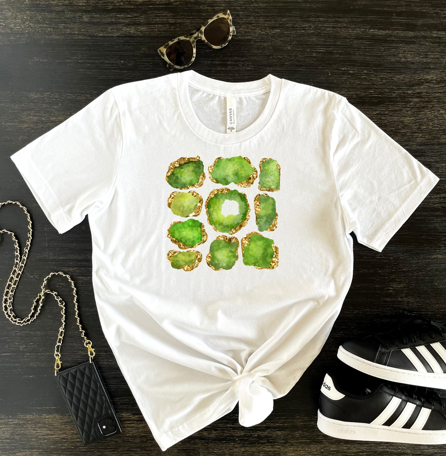 Women's graphic print tee - white crewneck short sleeve t-shirt with peridot birthstone gems with gold accent