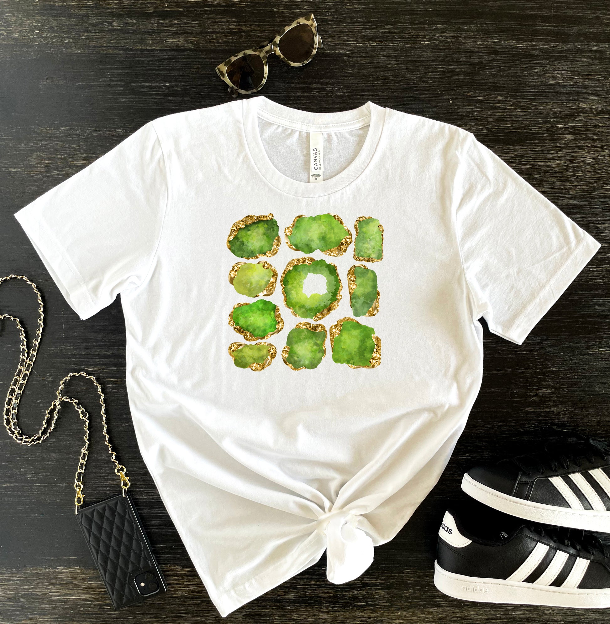 Women's graphic print tee - white crewneck short sleeve t-shirt with peridot birthstone gems with gold accent