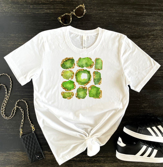Women's graphic print tee - white crewneck short sleeve t-shirt with peridot birthstone gems with gold accent