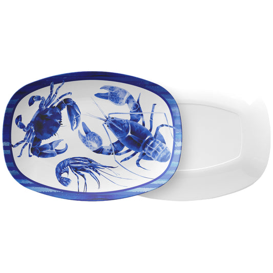 Indigo Blue Watercolor Shellfish Serving Platter, Lobster, Crab, Shrimp - Luxury Plastic