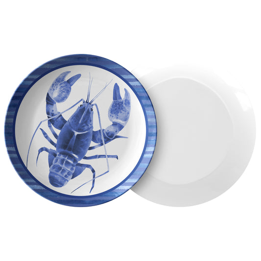 Indigo Blue Watercolor Lobster Coastal Dinner Plate, 10"D, Choose Single or Set, Luxe Plastic
