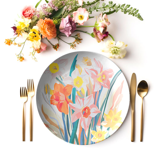 Daffodil Floral Print plate with cutlery and flowers on a white background