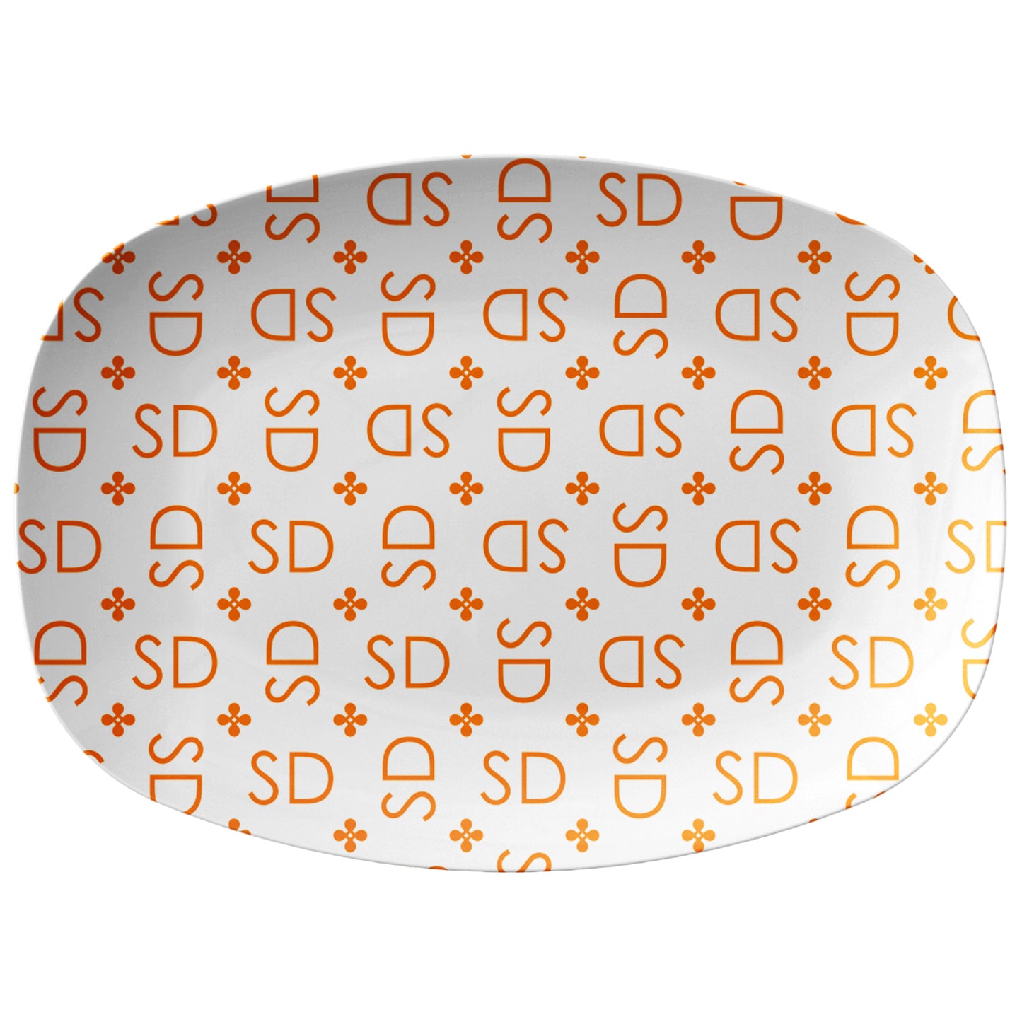 Stylized Monogram Serving Platter, White & Orange, Personalized Gift, Modern Luxury Plastic Tray