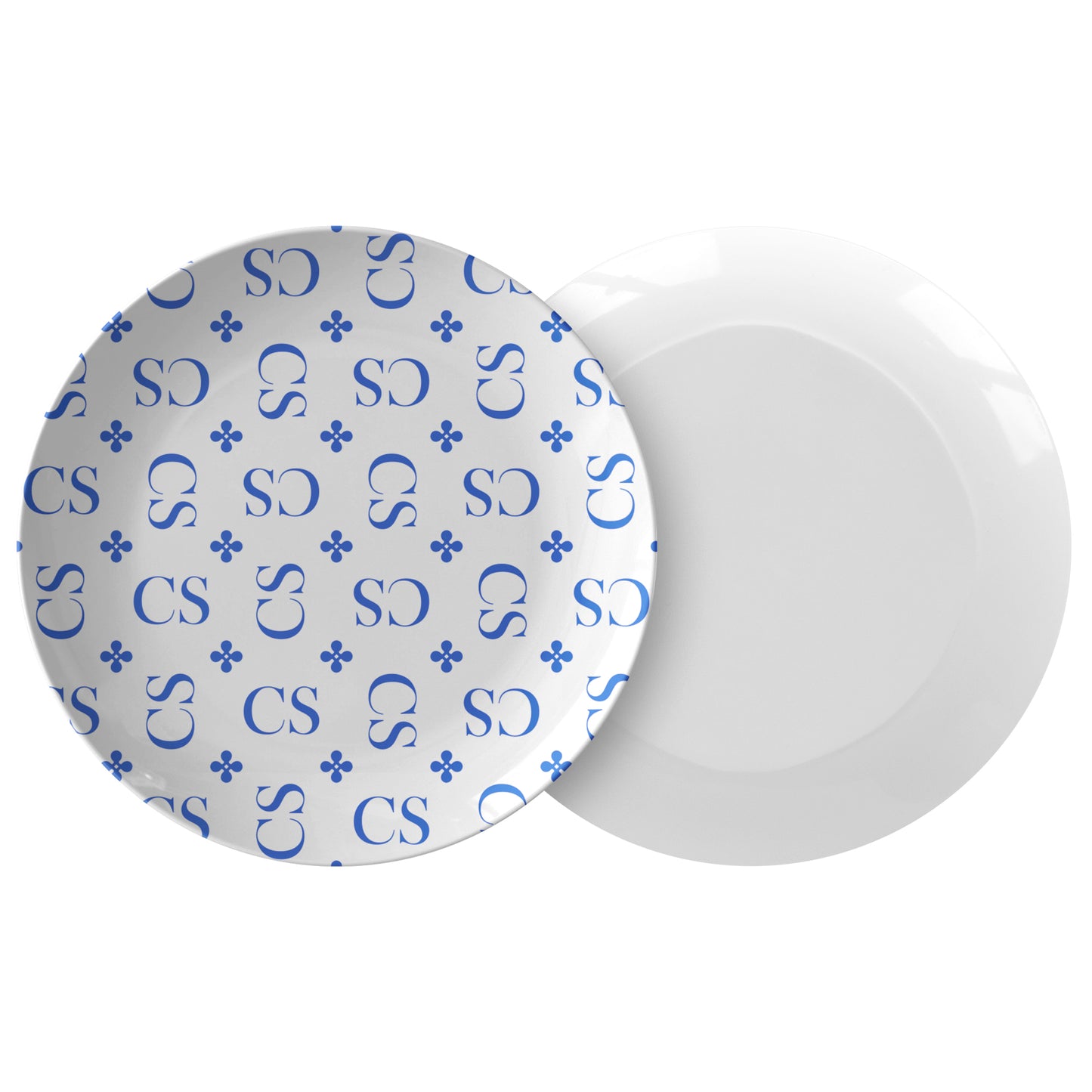 Stylized Monogram Dinner Plates 10"D, Blue, Luxury Plastic, Choose Single or Set
