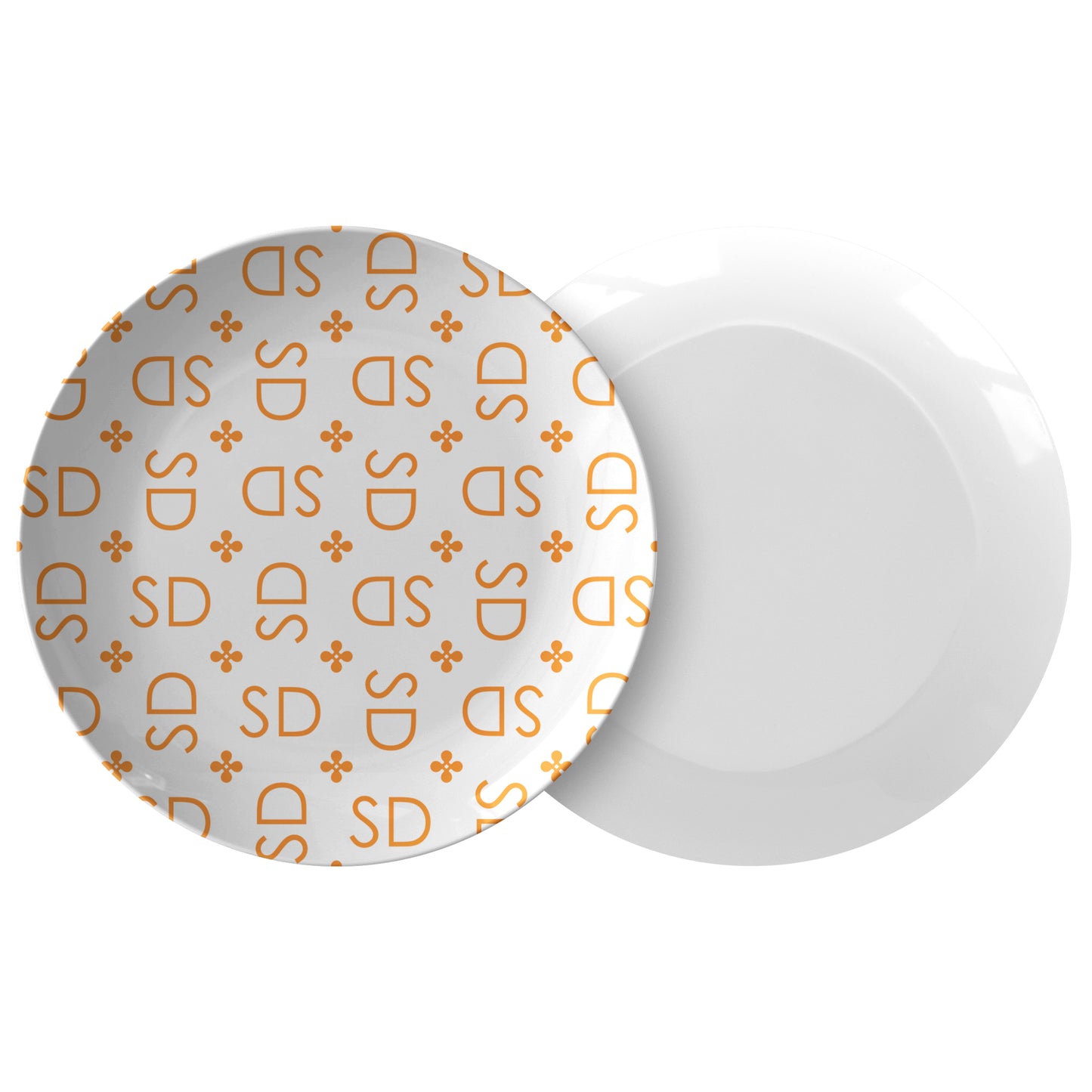 Stylized Monogram Dinner Plates 10"D, Orange, Luxury Plastic, Choose Single or Set