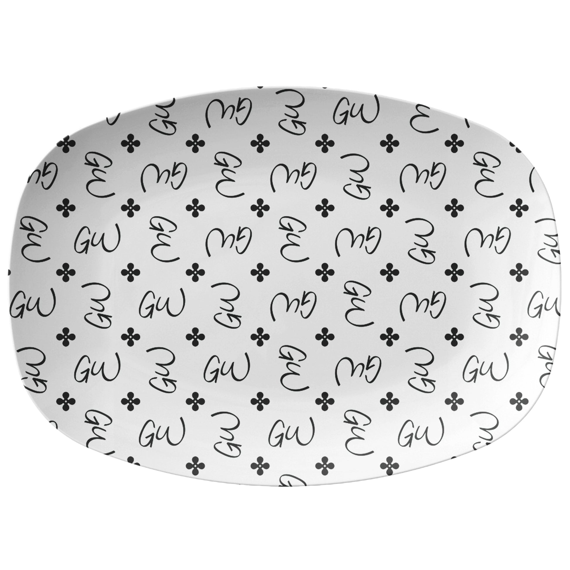 Personalized White and Black Stylized Monogrammed Platter features customized initials set in a repeating pattern accented with a stylish motif for an all-over, unique design.