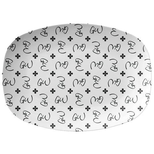 Personalized White and Black Stylized Monogrammed Platter features customized initials set in a repeating pattern accented with a stylish motif for an all-over, unique design.