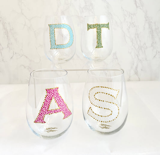 Personalized Wine Glass with Hand Painted Monogram Initial in Aqua Blue & Gold, One-of-a-Kind Handmade Gift