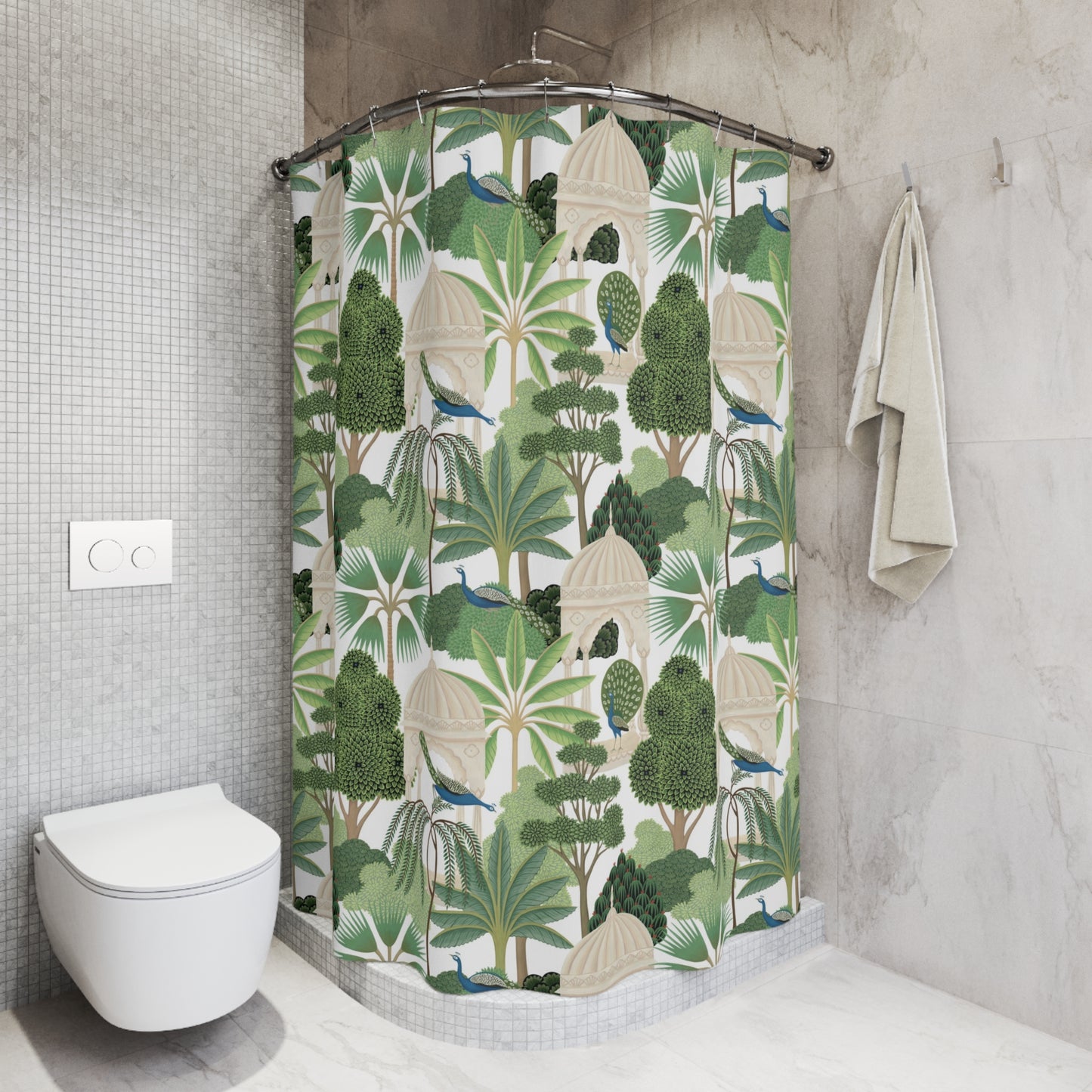 Lush Botanical Garden Shower Curtain – Tropical Trees, Ivory Pavilions & Peacocks