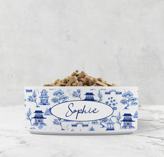 Chinoiserie toile dog bowl in blue and white customized with any name or word. Pretty personalized pet gift idea.