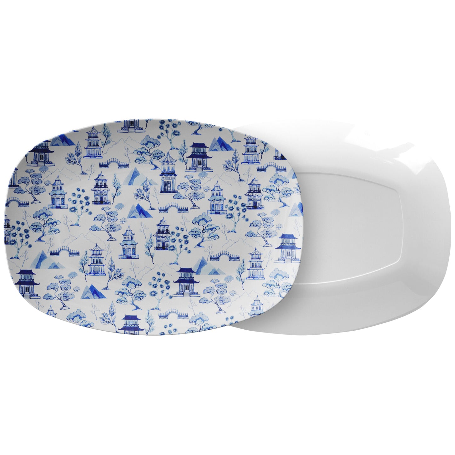Chinoiserie Toile Serving Platter, Blue and White, Luxury Plastic