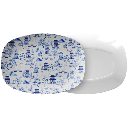 Chinoiserie Toile Serving Platter, Blue and White, Luxury Plastic
