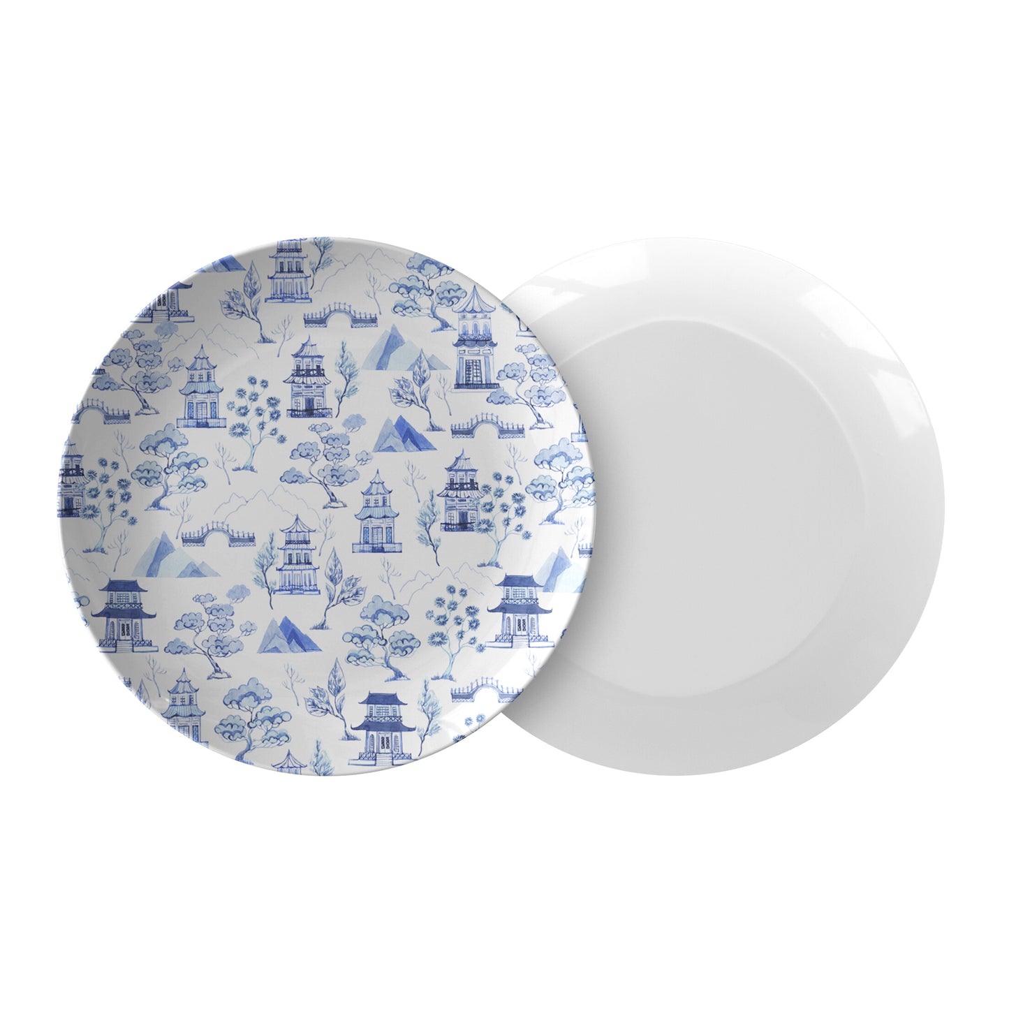 Chinoiserie Toile Dinner Plate, Blue and White, Luxury Plastic, Choose Single or Set