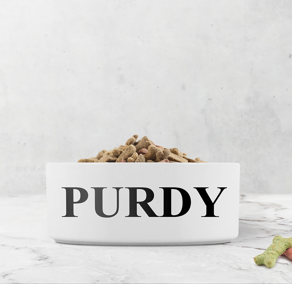 Custom for Catherine, Personalized Ceramic Pet Bowl, WHITE with Black lettering PURDY