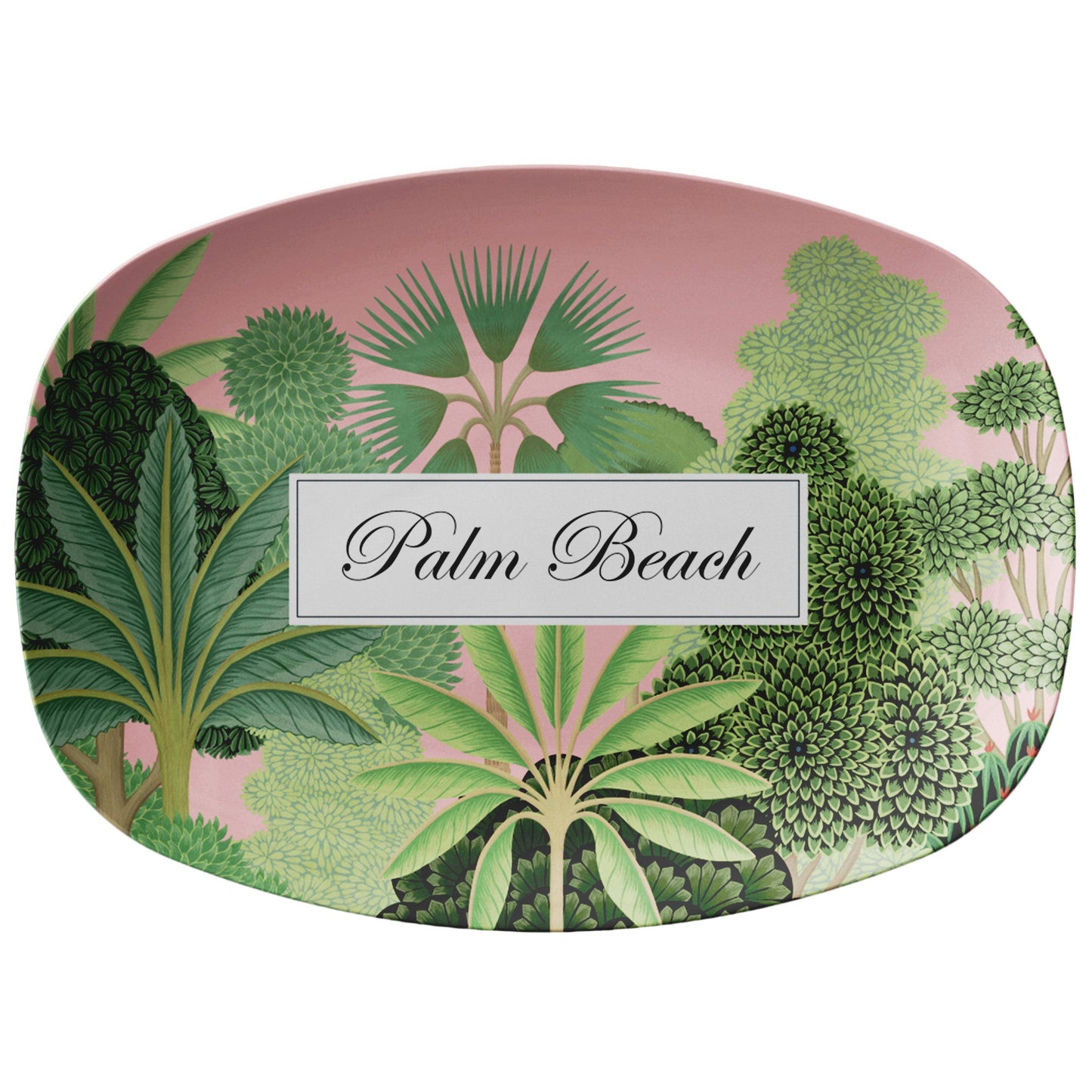 Personalized Serving Platter features Palm Beach Tropical aesthetic with green palm trees and pink sky. Hostess gift