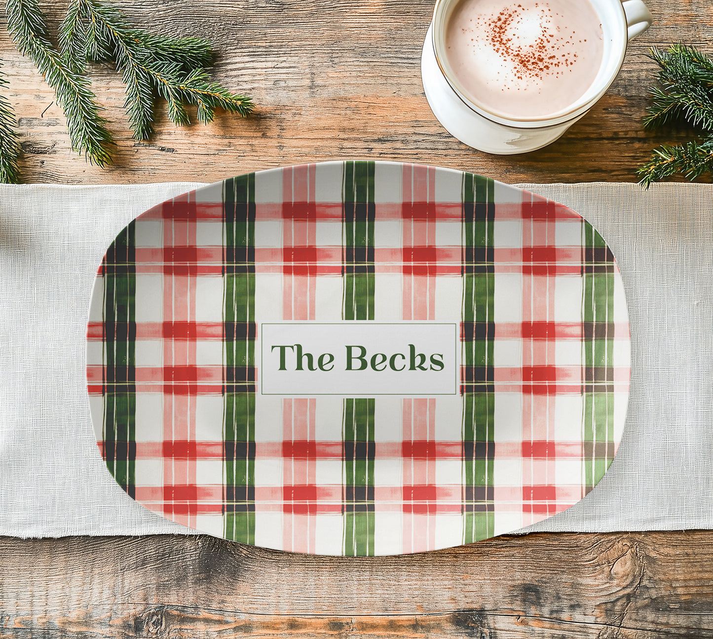 Personalized Christmas Serving Platter – Modern Tartan, Green, Red & Pink, Luxury Plastic