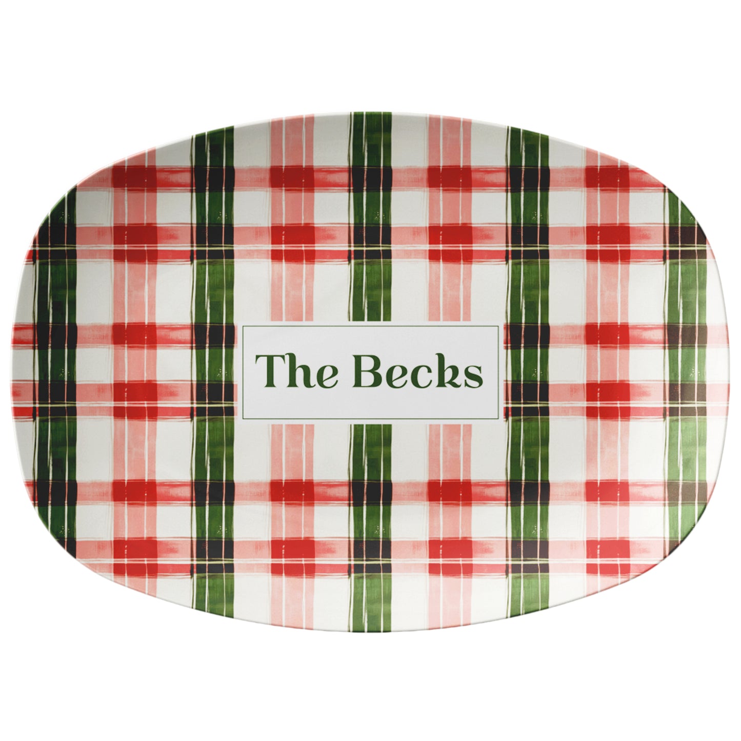 Personalized Christmas Serving Platter – Modern Tartan, Green, Red & Pink, Luxury Plastic