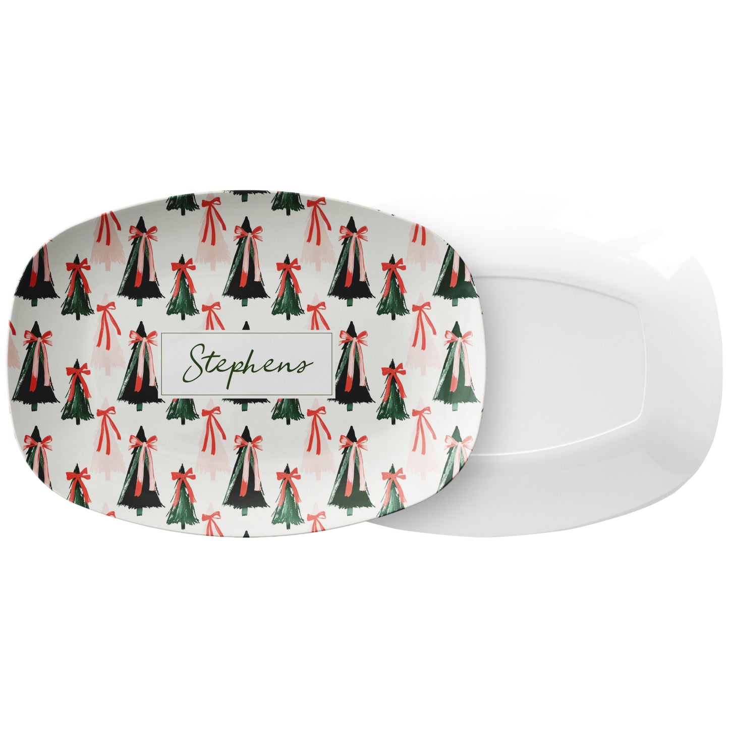 Personalized Christmas Serving Platter – Modern Christmas Trees, Green & Pink, Luxury Plastic