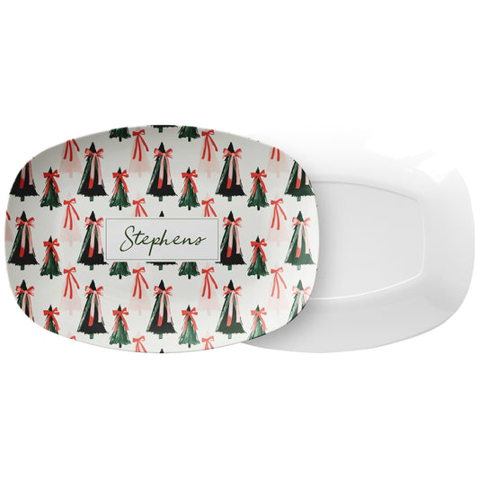 Personalized Christmas Serving Platter – Modern Christmas Trees, Green & Pink, Luxury Plastic