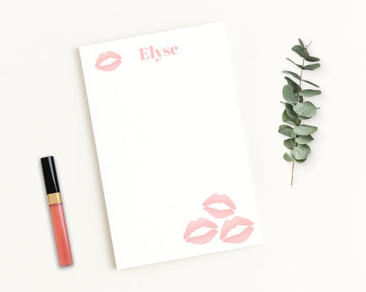 Personalized notepad stationery with flirty light pink lipstick kiss prints and custom name
