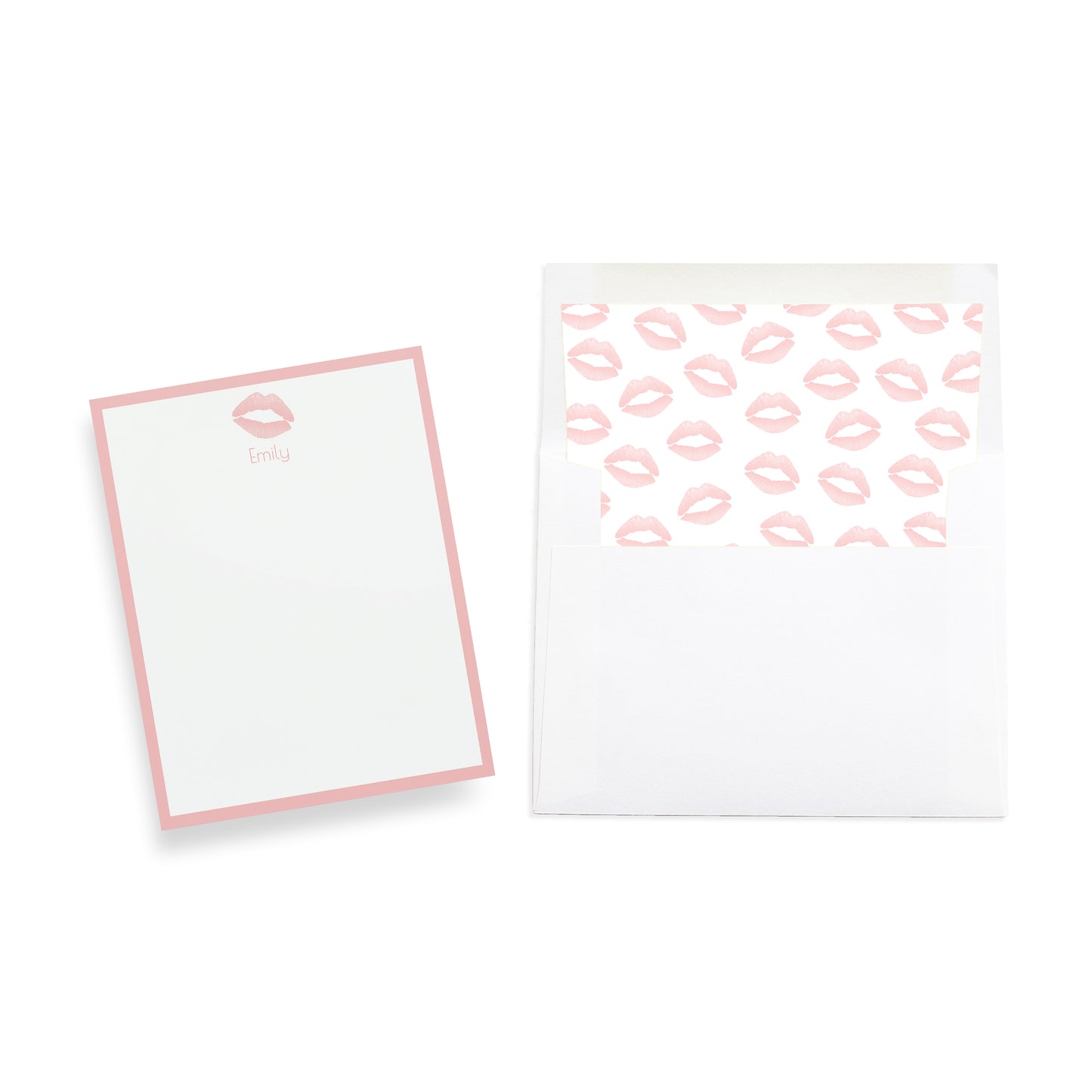 Two stationery items with pink lip prints on a white background, custom name notecard