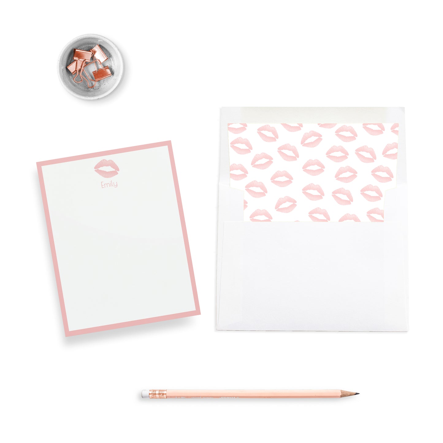 Personalized Lipstick Kiss Print Notecards, Set of 10, Light Pink