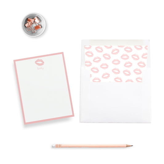 Personalized Lipstick Kiss Print Notecards, Set of 10, Light Pink