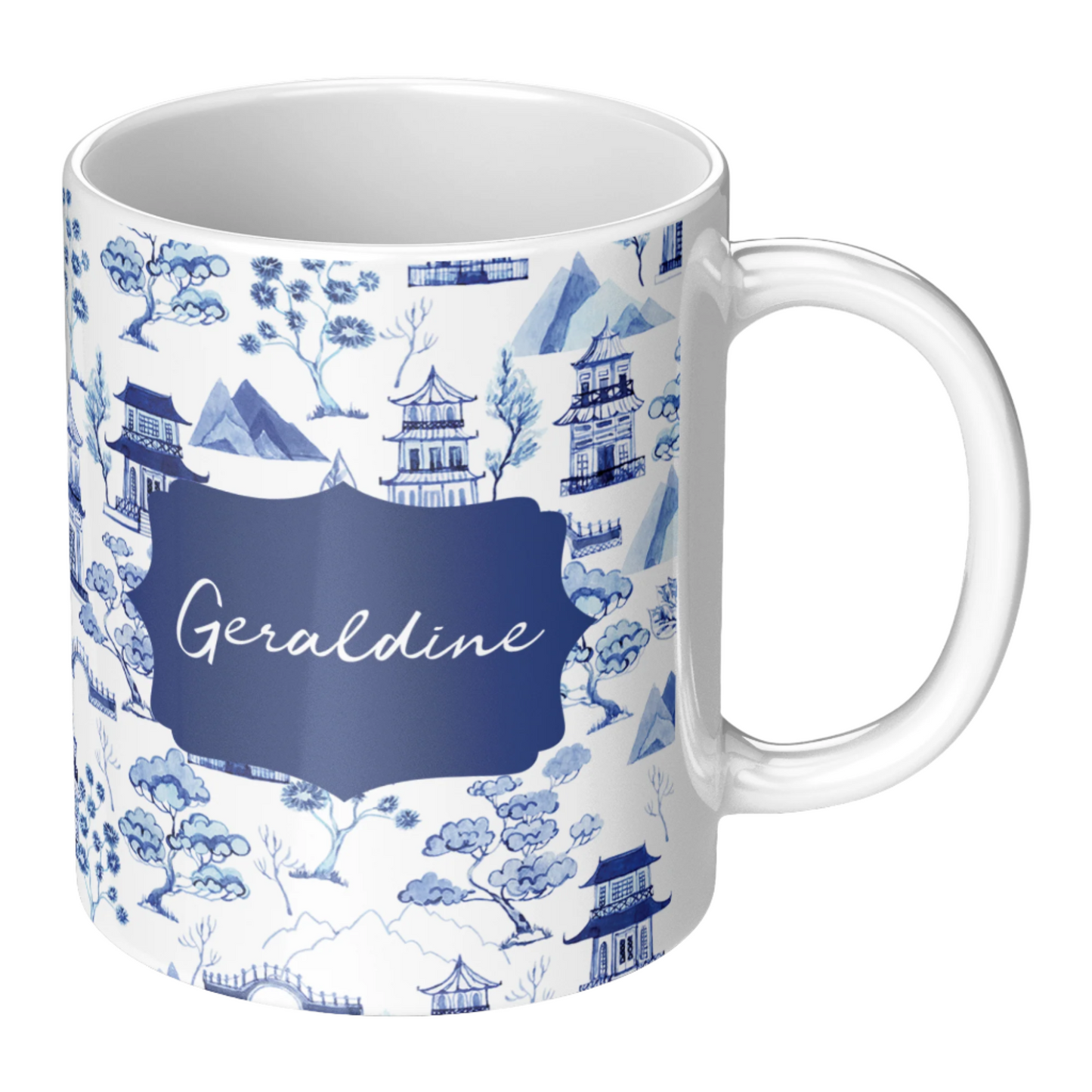 Personalized Coffee Mug, Chinoiserie Toile Print, Blue & White
