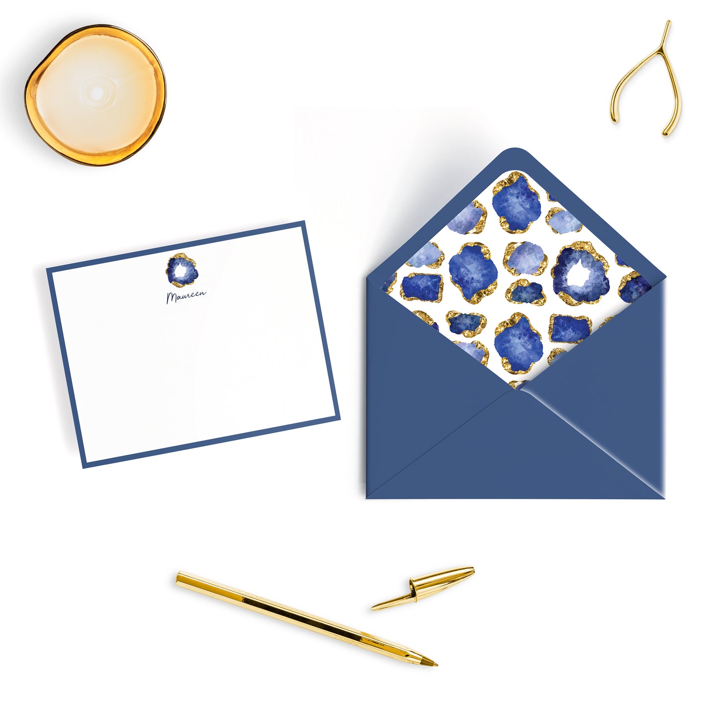 Personalized Gemstone Notecards – Custom Stationery Set, Sapphire Geode