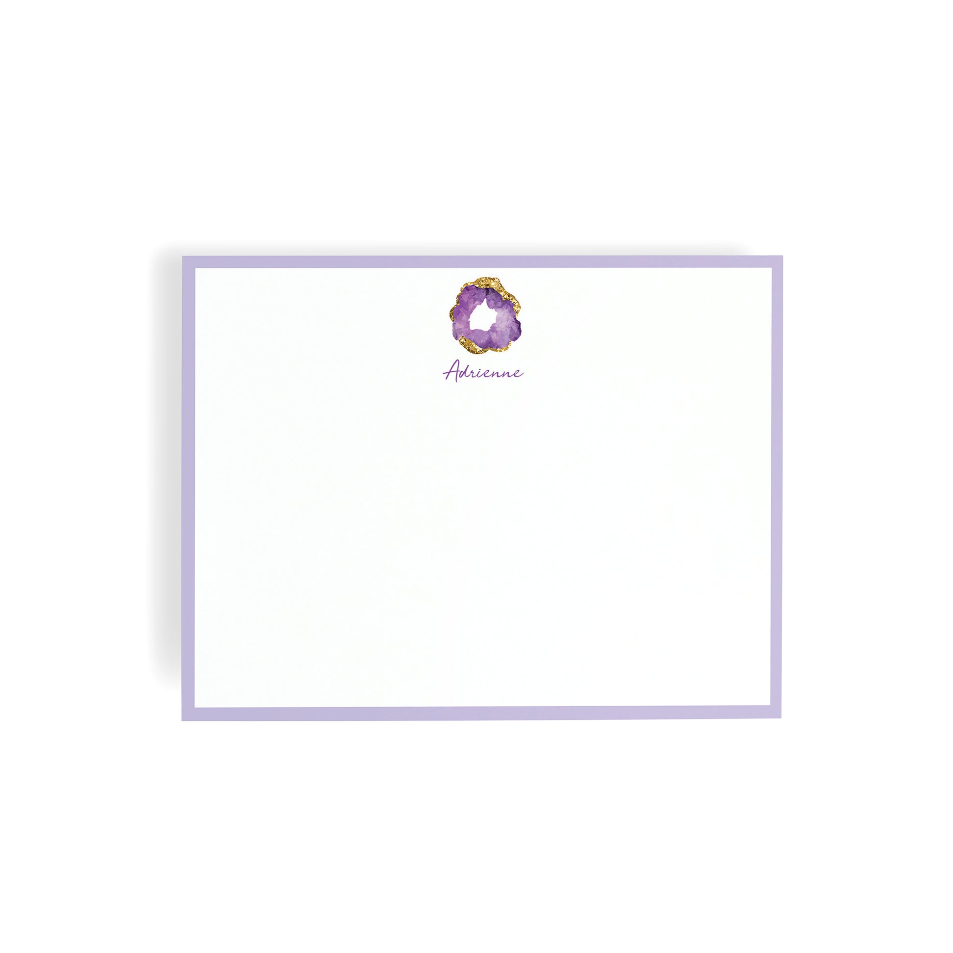 Note card with a purple border and personalized amethyst gemstone jewel design on a white background
