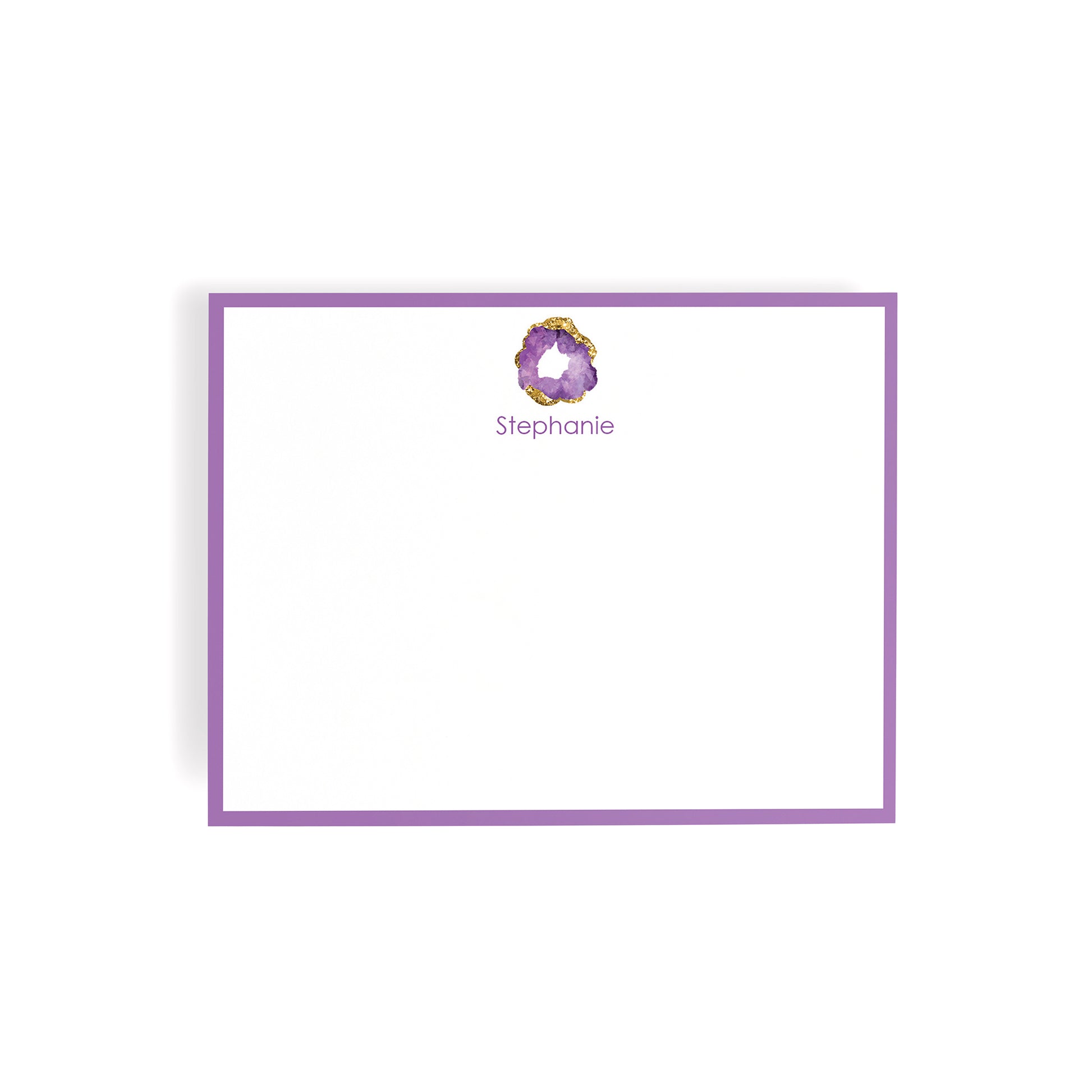 Note card personalized with name monogram with purple border and amethyst jewel design on a white background
