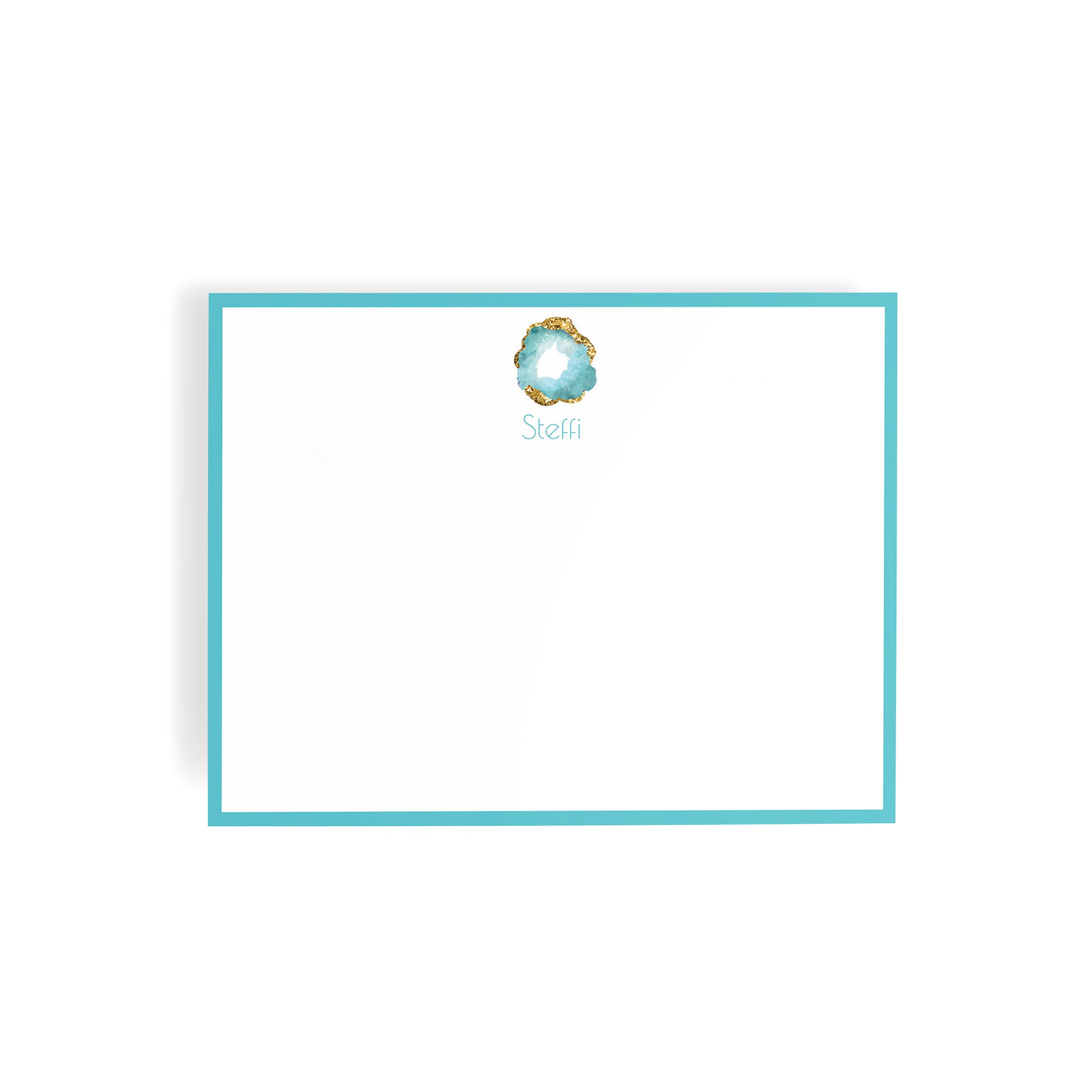 Personalized Aquamarine Geode Gemstone Notecards – Custom Stationery Set, Aqua & Gold