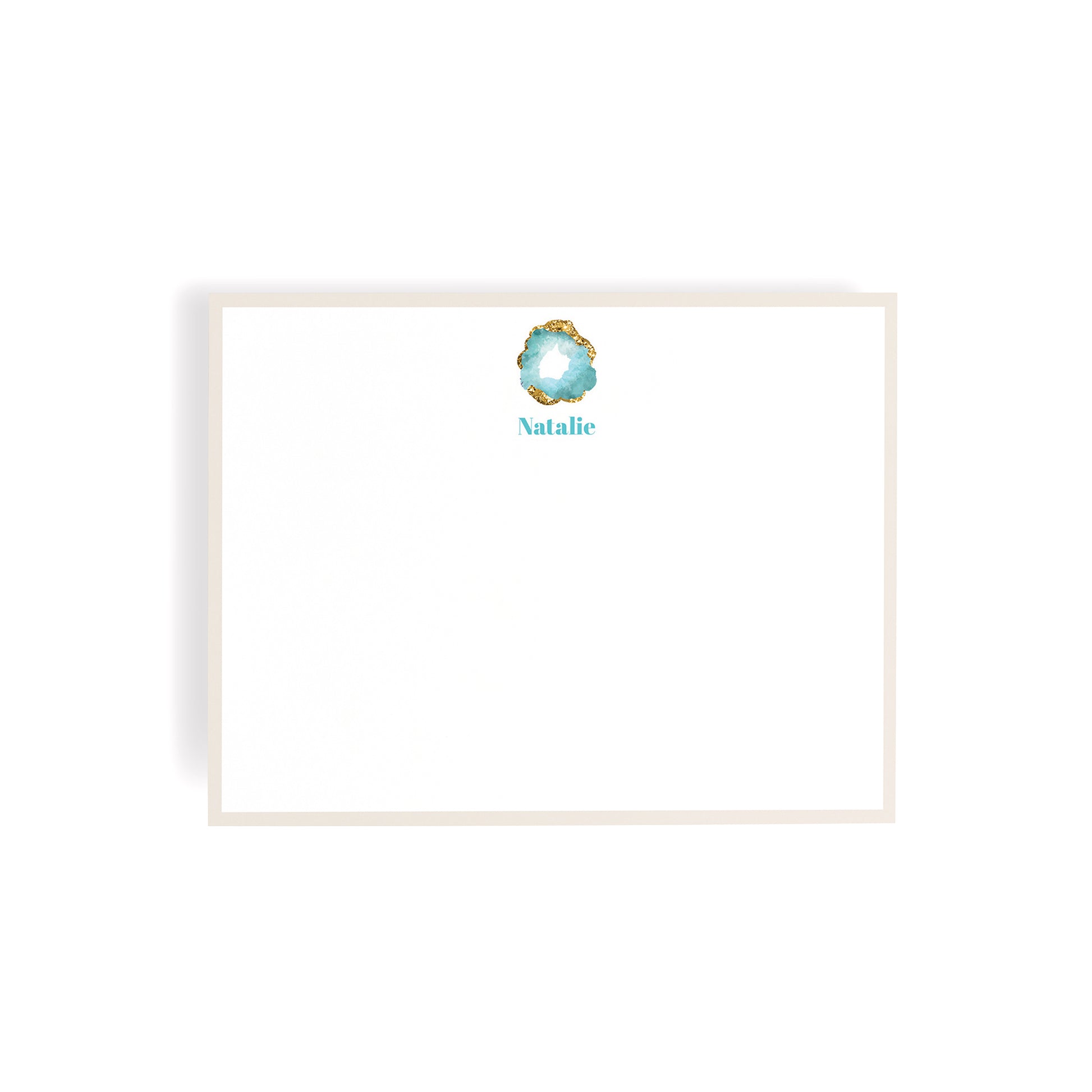Personalized Aquamarine Geode Gemstone Notecards – Custom Stationery Set, Champagne Mist Border