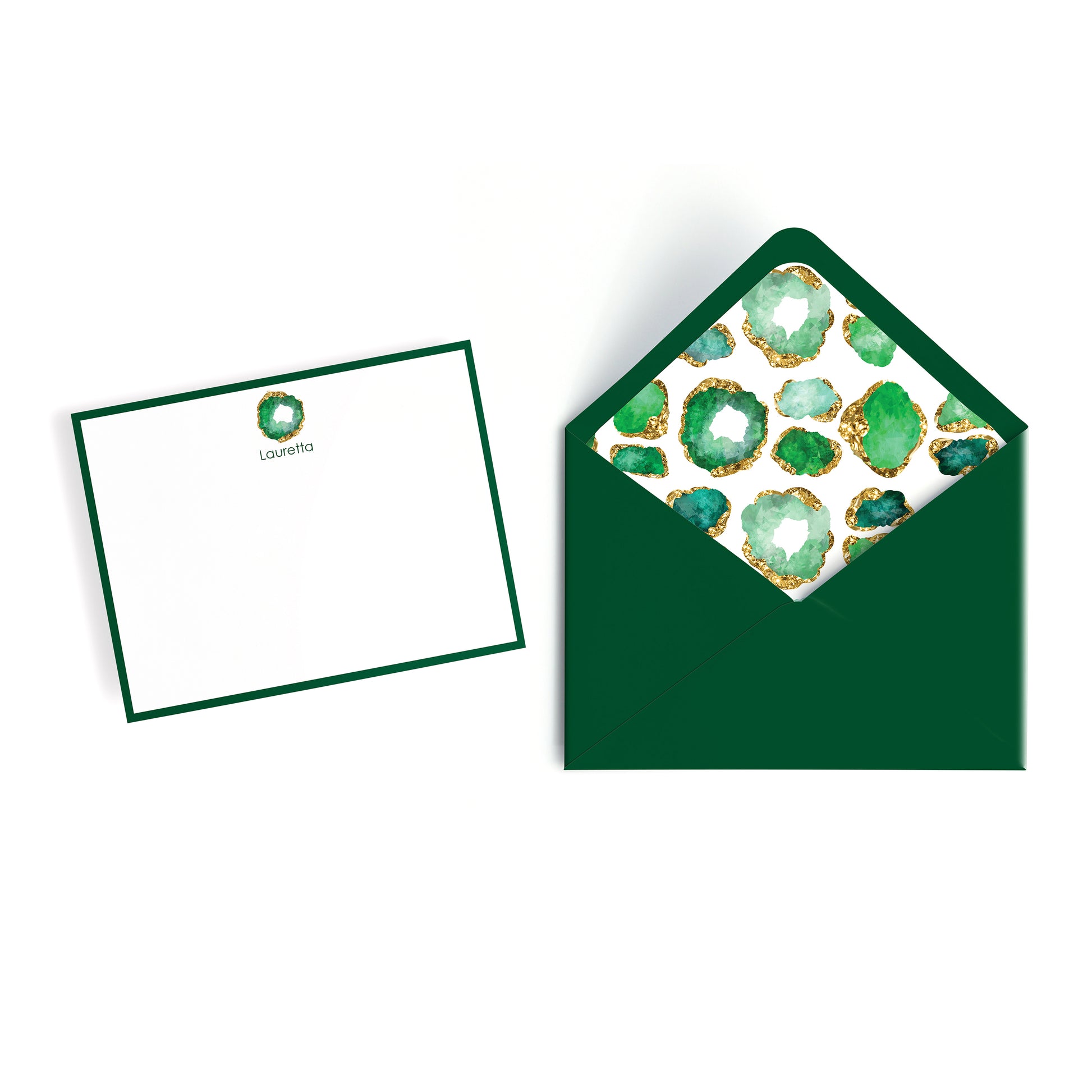 Custom personalized  emerald geode birthstone print notecards with matching Green envelope with hand-lined jewel print