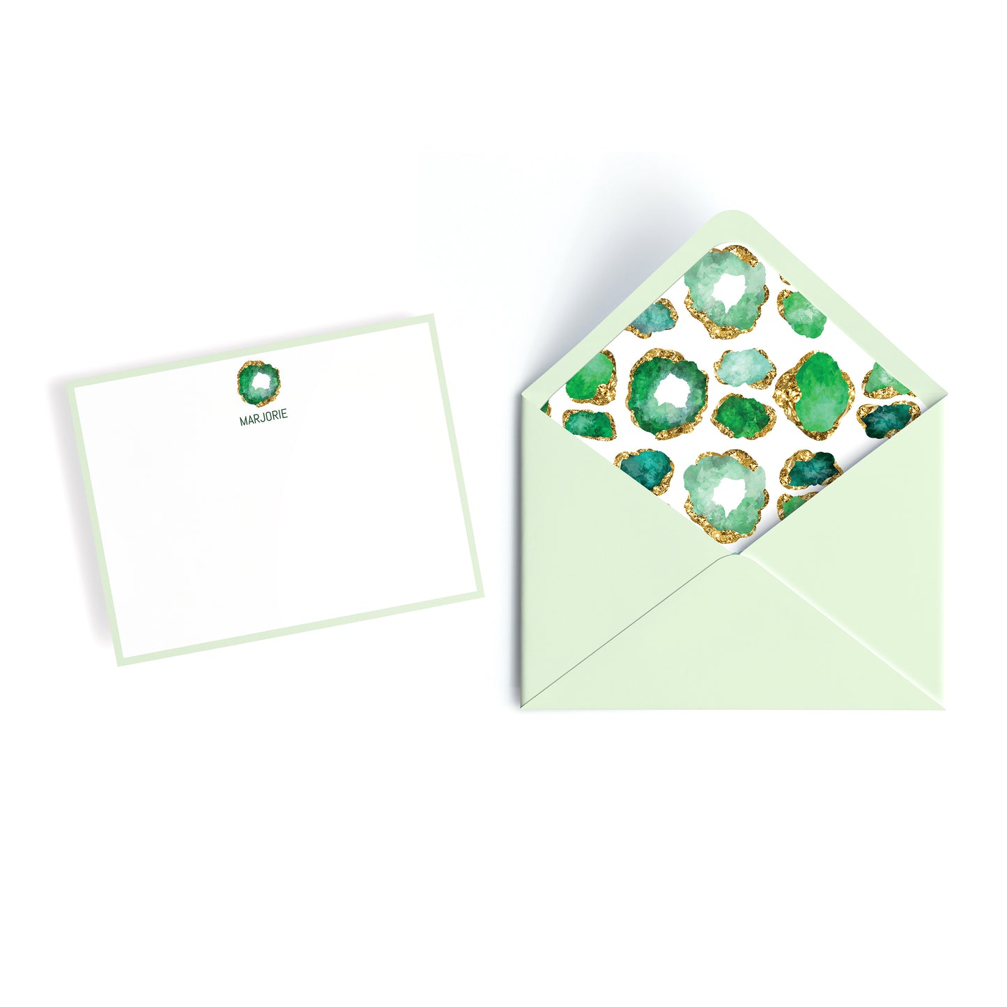 Custom personalized  emerald geode birthstone print notecards with matching pistachio green envelope with decorative interior