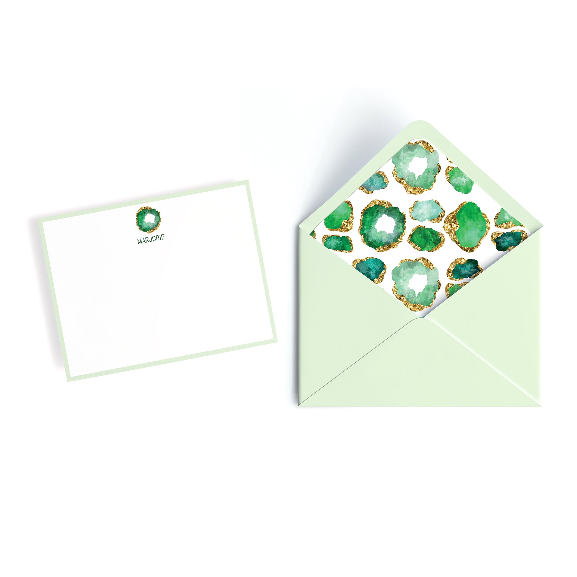 Custom personalized  emerald geode birthstone print notecards with matching pistachio green envelope with decorative interior