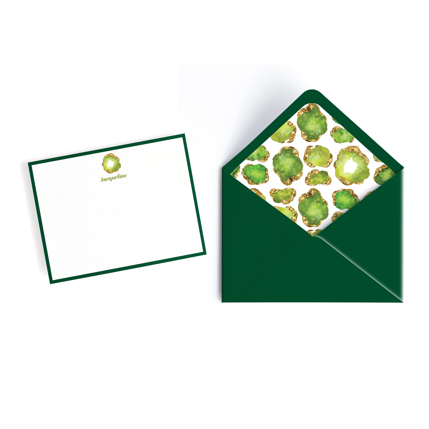 Luxury personalized notecard, white with green border and custom name, peridot birthstone jewel and green envelope lined with gemstone collage print design.