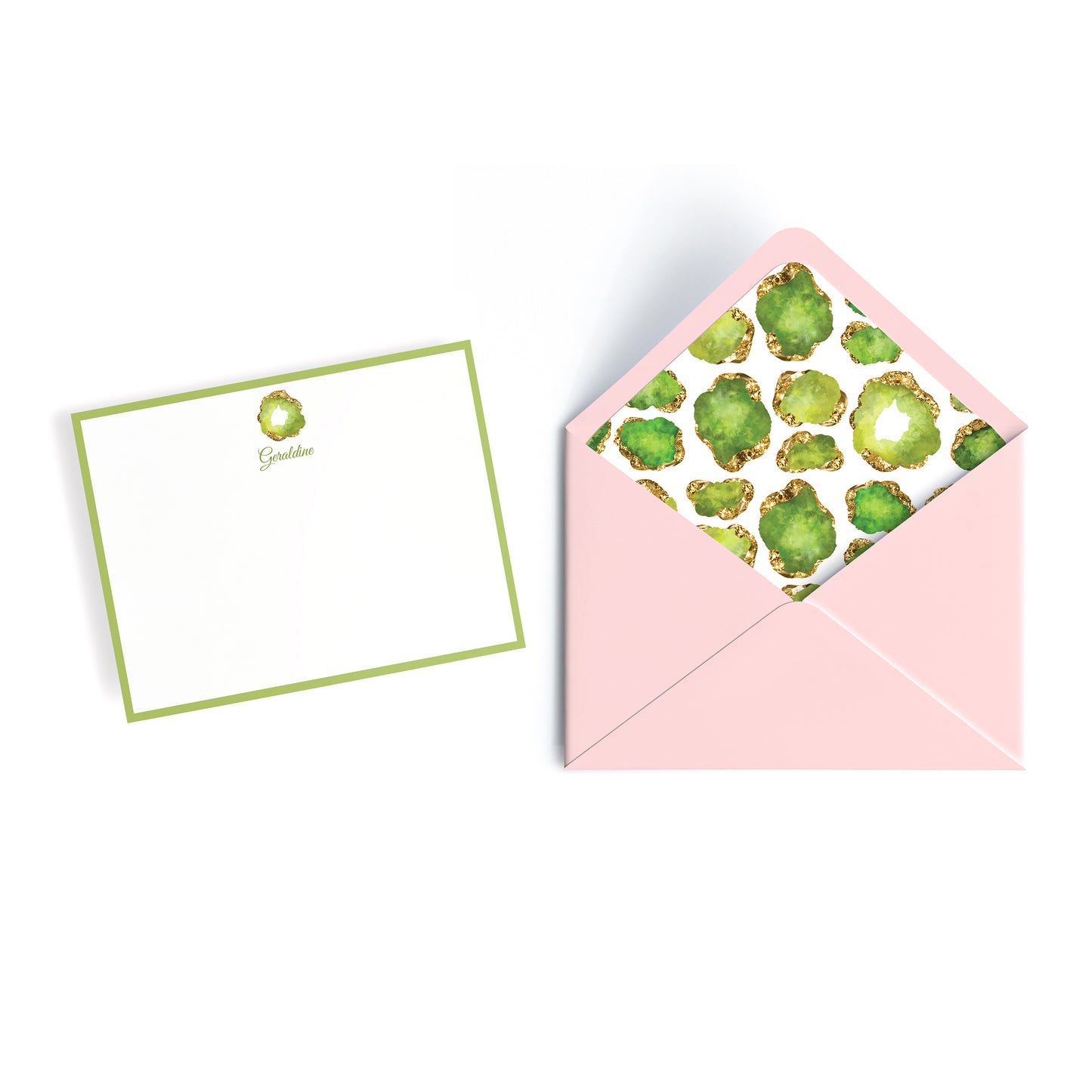 Luxury personalized notecard, white with green border and custom name, peridot birthstone jewel and pink envelope lined with gemstone collage print design.