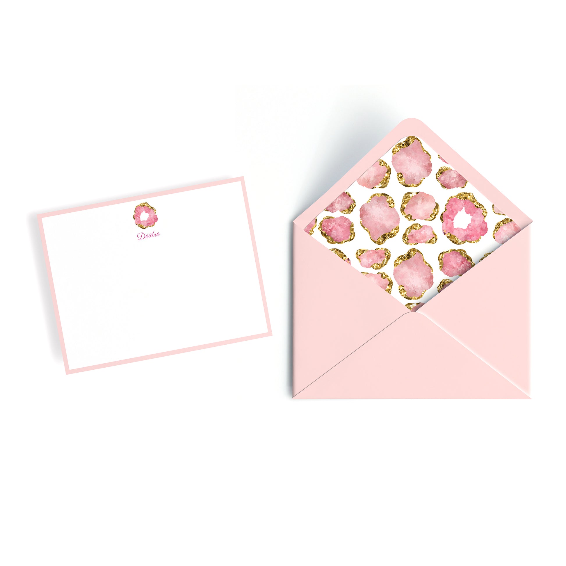 Jewel print custom monogram name notecard card and envelope set with pink and gold gemstone design on a white background